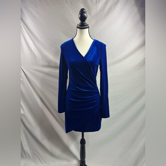 Royal Blue Ruched Front Velvet Dress - Picture 6 of 8